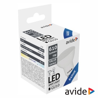 Embalagem de lâmpada LED spot light GU10 da marca avide com 610 lumen e 7W
