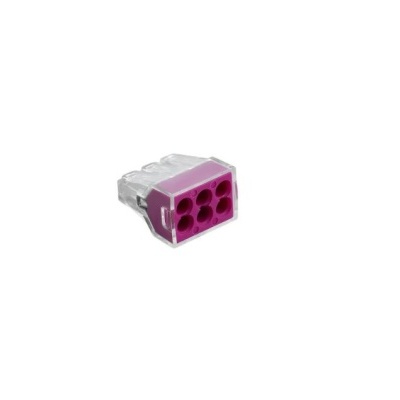 Conector elétrico compacto transparente com seis aberturas cor-de-rosa.