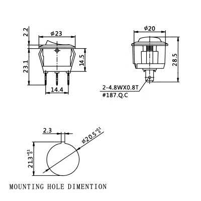 Interruptor basculante redondo de ligar e desligar, 3 terminais, 10 A, 250 VCA
