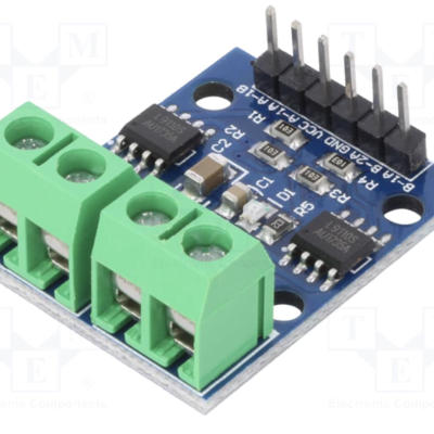 Módulo eletrónico com conectores verdes e placa azul