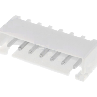 Conector elétrico branco com seis pinos metálicos