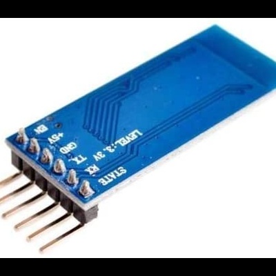 Módulo eletrónico azul com pinos e texto branco para interface ou comunicação.