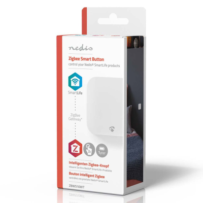 Embalagem do botão inteligente branco Nedis Zigbee Smart Button com textos e ícones informativos