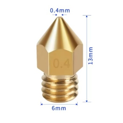 Bico metálico dourado para impressora 3D com dimensões indicadas