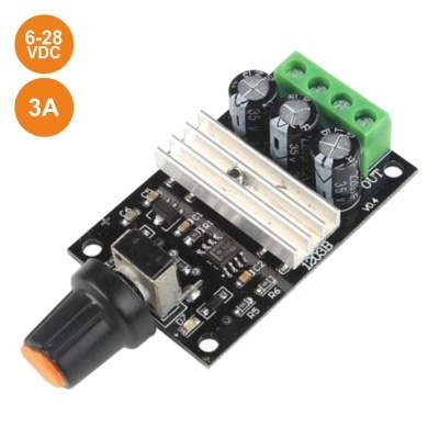 Placa eletrónica preta com componentes e botão regulador