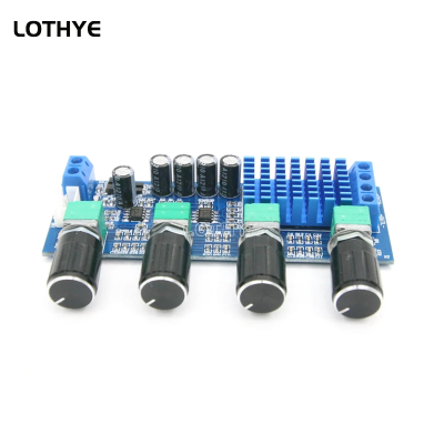 Placa de circuito azul com potenciômetros e dissipador azul