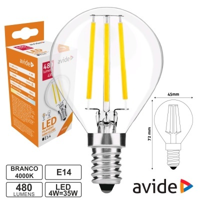 Lâmpada Led E14 Globo Filamento 4W 230V 4000K 480Lm Avide