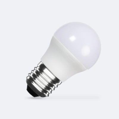 Lâmpada LED branca com base metálica prateada sobre fundo cinzento