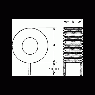 Desenho técnico de bobina com dimensões a e b e espaço de 10,0±1,0 entre as extremidades