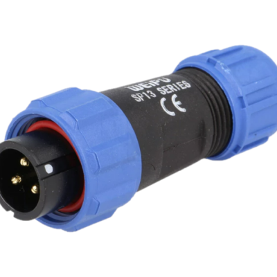 Conector elétrico cilindrico preto com acabamentos azuis e três pinos