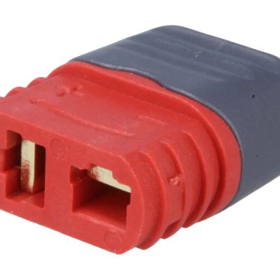 Conector elétrico vermelho e cinza com pinos metálicos