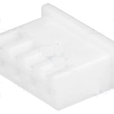 Conector elétrico branco com três pinos em plástico.