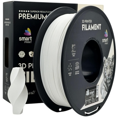 Carretel de filamento branco mate para impressora 3D com embalagem preta da marca smart print
