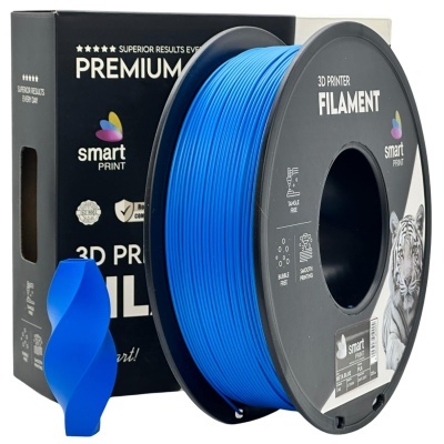 Filamento azul para impressora 3D smart PRINT com embalagem preta e modelo impresso azul