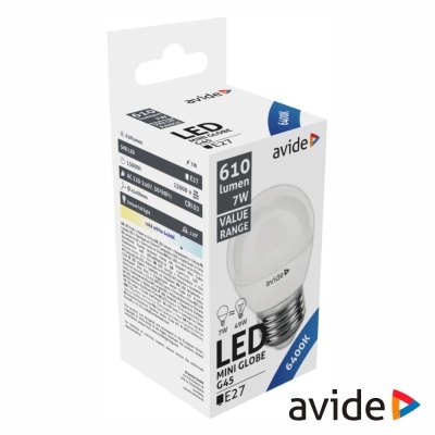 Lâmpada LED E27 Mini GLOBO 7W 230V G45 6400K 610lm Value Range AVIDE Lâmpada LED E27 Mini GLOBO 7W 230V G45 6400K 610lm Value Range AVIDE