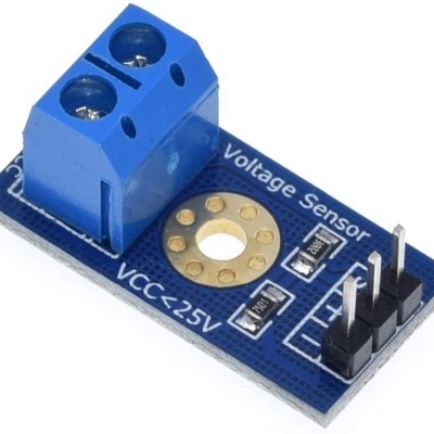 Sensor de tensão azul com conector e três pinos metálicos