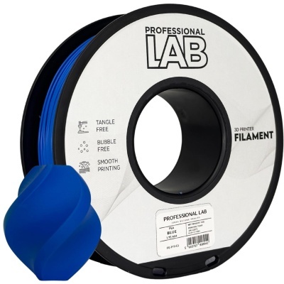 Rolo de filamento 3D PLA azul Professional Lab com amostra impressa em azul