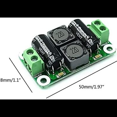 Placa eletrónica verde com bobinas pretas e conectores verdes, dimensões visíveis.