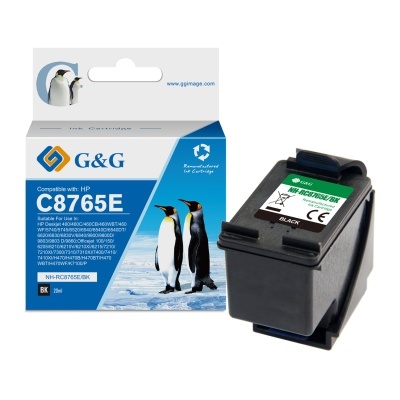 Cartucho de tinta preto G&G compatível com HP C8765E com embalagem azul e imagem de pinguins