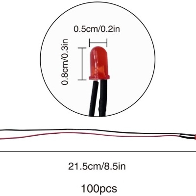 LEDs vermelhos pequenos com fios preto e vermelho com medidas indicadas