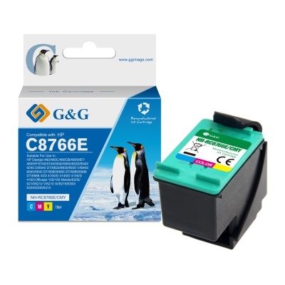 Cartucho de tinta G&G C8766E compatível com HP e embalagem azul com imagem de pinguins