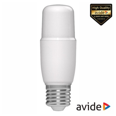 Lâmpada LED tubular branca com base de rosca metálica prateada e logótipos avide