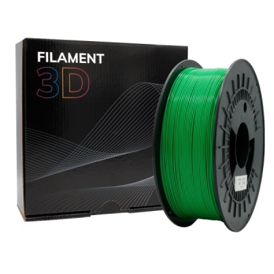 Bobina de filamento 3D verde e embalagem preta com texto FILAMENT 3D
