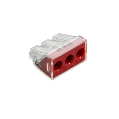 Conector elétrico transparente com interior vermelho e três orifícios