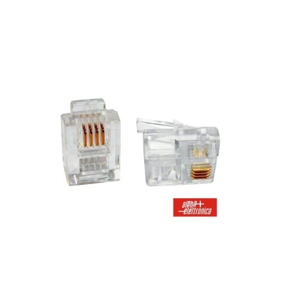 Conector RJ11 transparente com contactos metálicos dourados e logótipo alpha elettronica