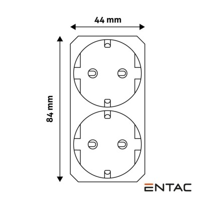 Tomada dupla branca com dimensões 84 mm x 44 mm e marca ENTAC