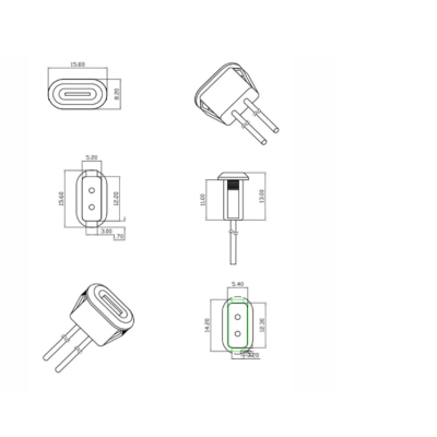 Desenho técnico de adaptador elétrico com dimensões e botão verde