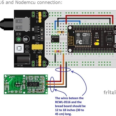 Esquema de ligação eletrónica com RCWL-0516, ESP8266 e Nodemcu numa breadboard