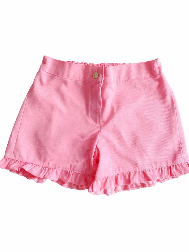 Calção em sarja rosa com folho