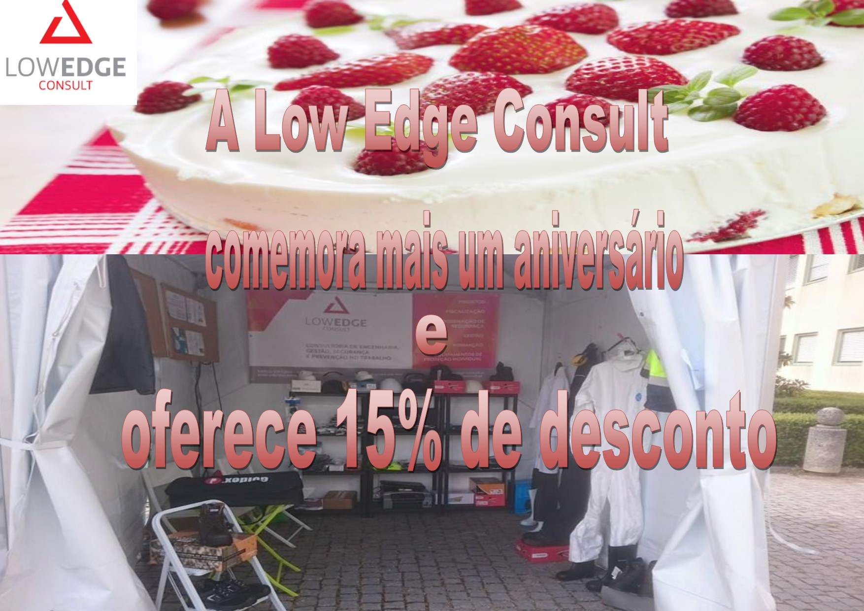 Carrocinhas de comida brancas em rua com toldo e equipamentos, texto em português e logotipo