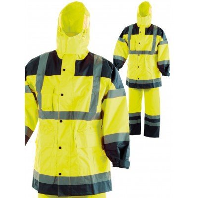 Conjunto impermeável amarelo com faixas refletoras