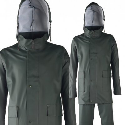 Conjunto impermeável verde-escuro com casaco e calças