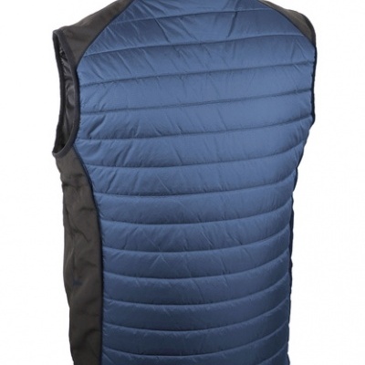 Colete masculino azul acolchoado com laterais e costas pretas e gola alta