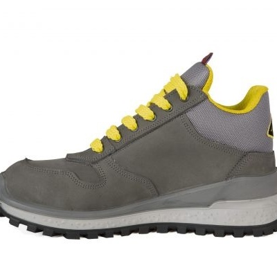 Ténis cinza e amarelo com sola preta e branca