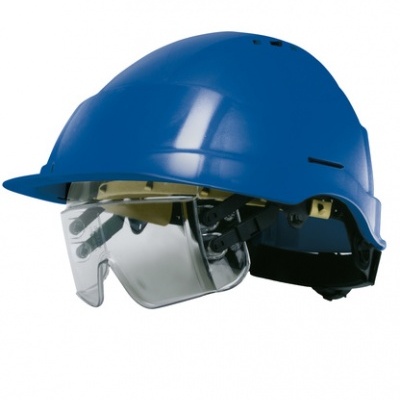 Capacete de segurança azul com viseira transparente