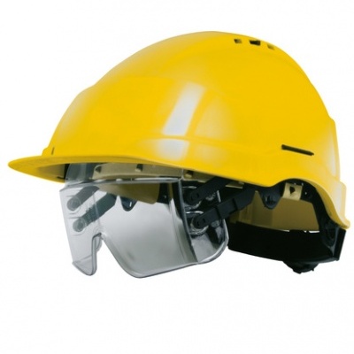Capacete de segurança amarelo com viseira transparente