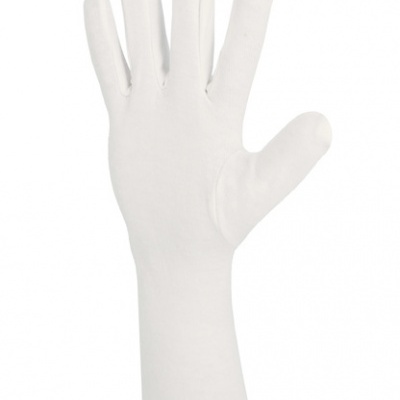 Luva branca de tecido com cinco dedos e punho alongado