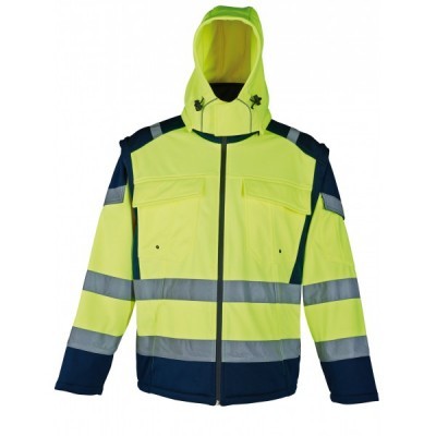 Casaco de alta visibilidade amarelo fluorescente com capuz e faixas refletoras
