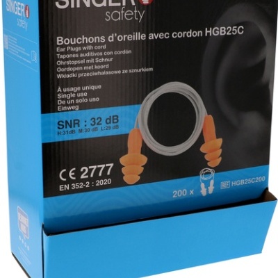 Tampões de TPE. Reutilizável. Com cordão. SNR 32dB. Caixa de 200 pares - SINGER SAFETY (HGB25C200)