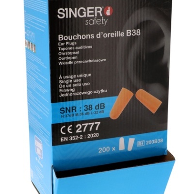 Tampões auditivos. PU sem cordão. SNR 38dB. Caixas dispensadoras de 200 pares (200B38)