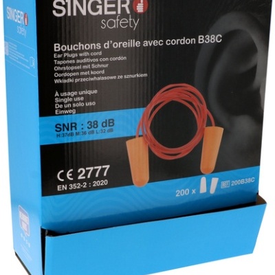 Tampões auditivos. PU com cordão. SNR 38dB. Caixas dispensadoras de 200 pares (200B38C)