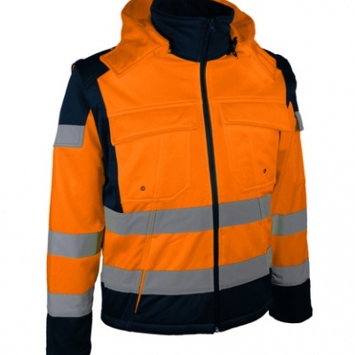 Casaco de alta visibilidade laranja e preto com faixas refletoras cinza