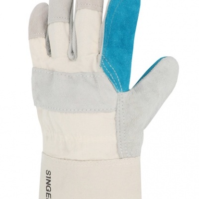 Luva de trabalho em tecido e pele sintética cinza, bege e azul com texto SINGER no punho