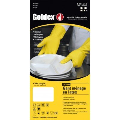 Embalagem amarela de luvas de látex Goldex para limpeza e jardinagem