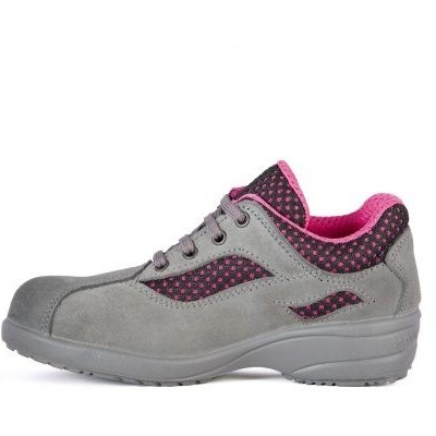 Sapatilha de segurança cinzenta com detalhes rosa e sola robusta