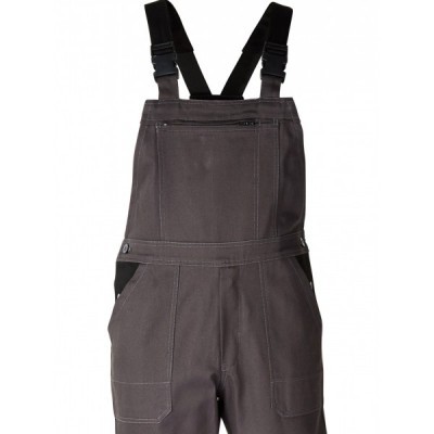 Jardineira de trabalho cinza escura com alças pretas e vários bolsos